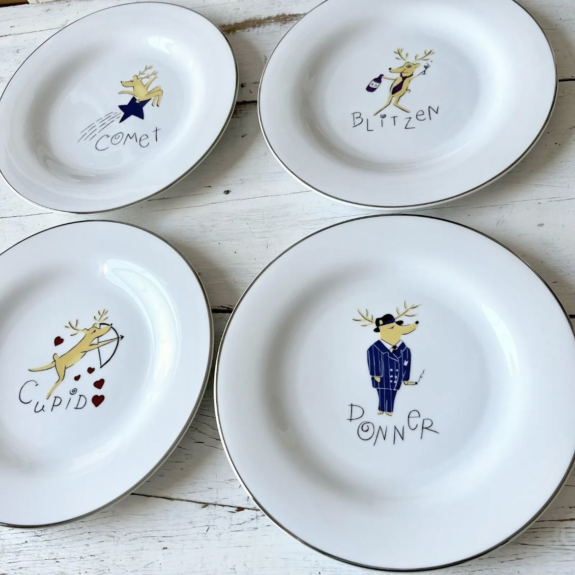Pottery Barn JAPAN Reindeer Dinner Plates 11" Comet Cupid Donner