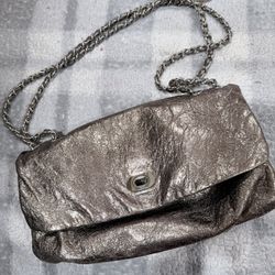Elie Tahari Luxury Metallic Bronze Leather Flap Bag - Silver Hardware