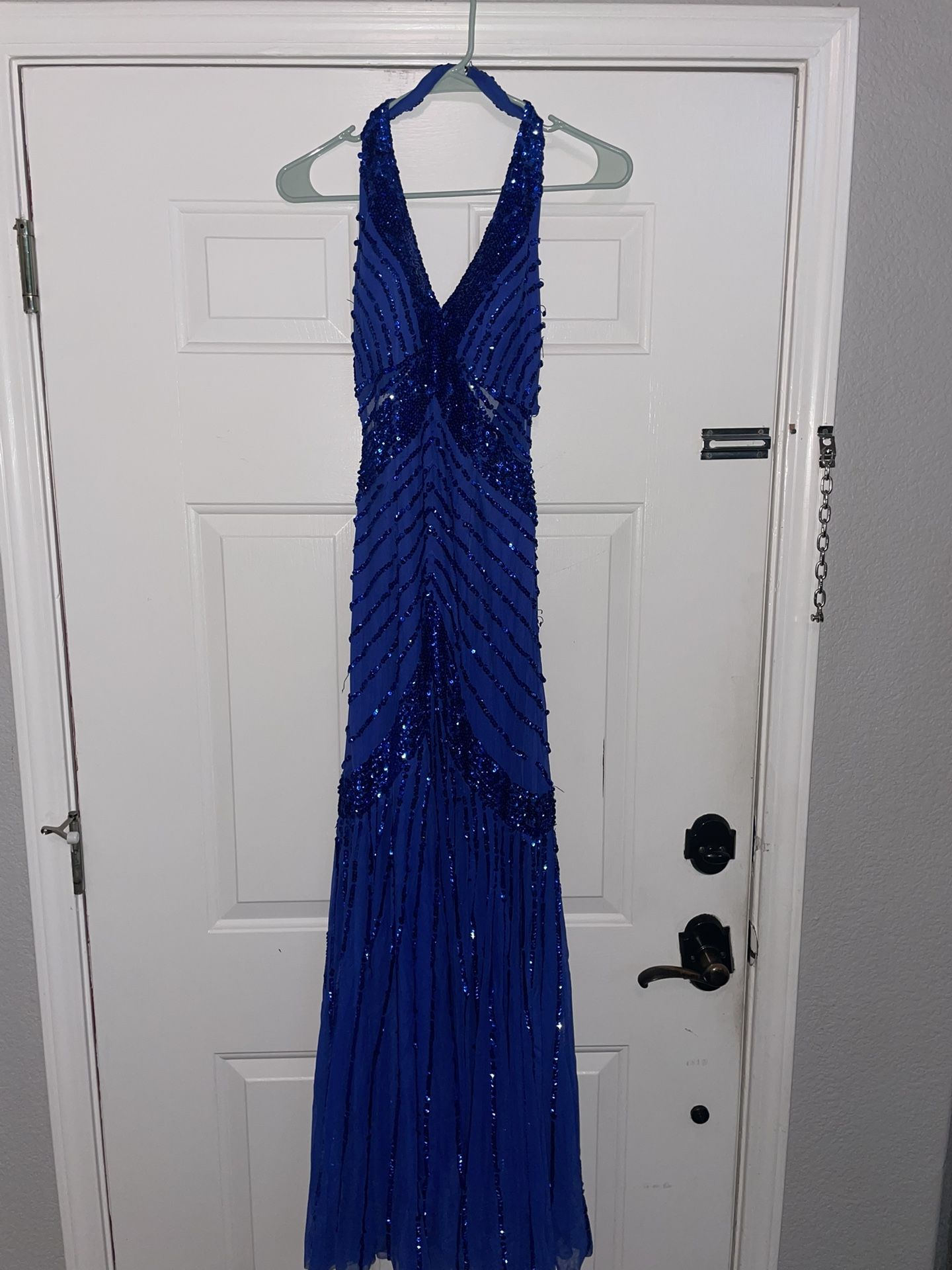 Sean Collection Blue Sequined Long Prom Dress