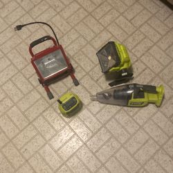 Ryobi 1+ Bluetooth Radio, Ryobi 1+ Work Light (1000 Lunens), Halogen Work Light, Dust Vac