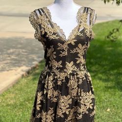 Delicate Gold Detailed Black Lace Party Dress 