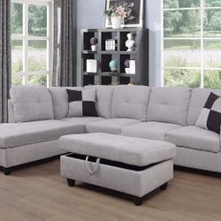 New Light Grey Sectional With Ottoman 