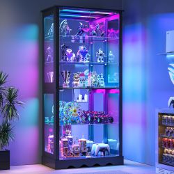 HWB 71" Glass Door Curio Cabinet with RGB LED Lights (Black)