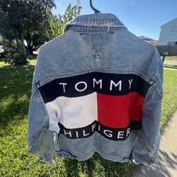 Vintage Tommy Hilfiger Jean Jacket Huge Logo On Back