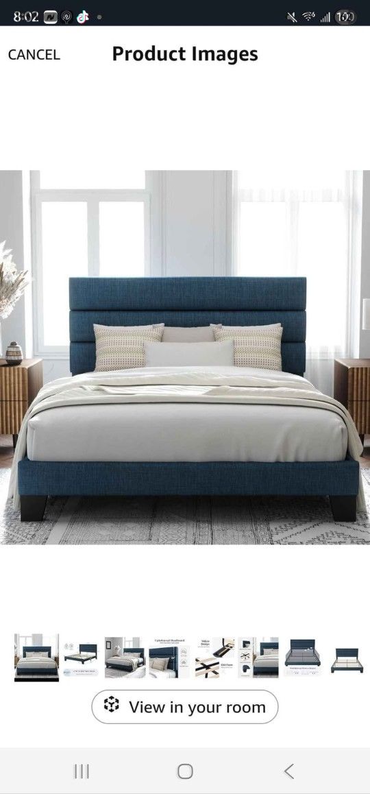 Allewie Queen Size Platform Bed Frame with Fabric Upholstered Headboard and Wooden Slats Support, Fully Upholstered Mattress Foundation/No Box Spring