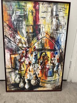 African Market Scene Oil Painting — Framed