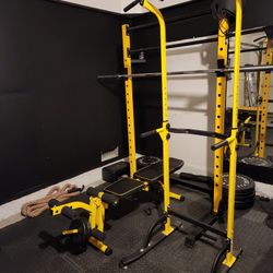 Squat Rack, Pull Up Station, Weight Bench. Weight Plates Set.