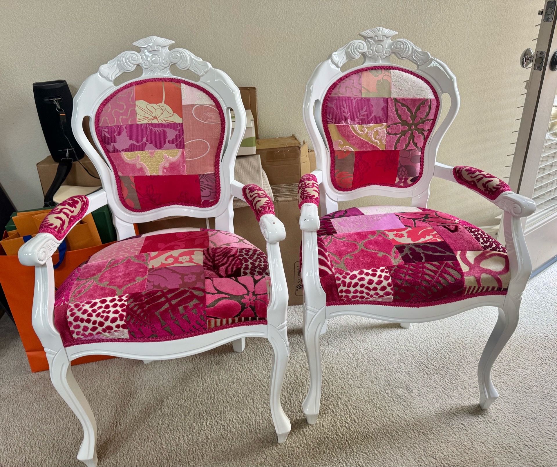 Beautiful custom made British patchwork handmade pair of chairs