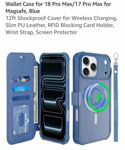 Wallet Case for 18 Pro Max/17 Pro Max for Magsafe, Blue 12ft Shockproof Cover for Wireless Charging, Slim PU Leather, RFID Blocking Card Holder, Wrist