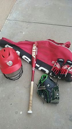 Baseball bag, groves, bat, hat & baseball grove
