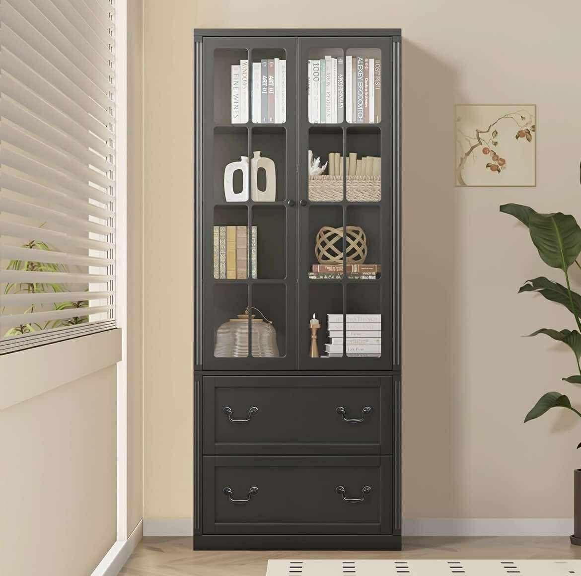 Bookcase with Door, Bookshelf with Glass Doors, Tall Bookcase 4-Shelves 2 Glassy Doors & 2 Drawers, Large Storage Cabinet Tall Bookshelf for Living Ro