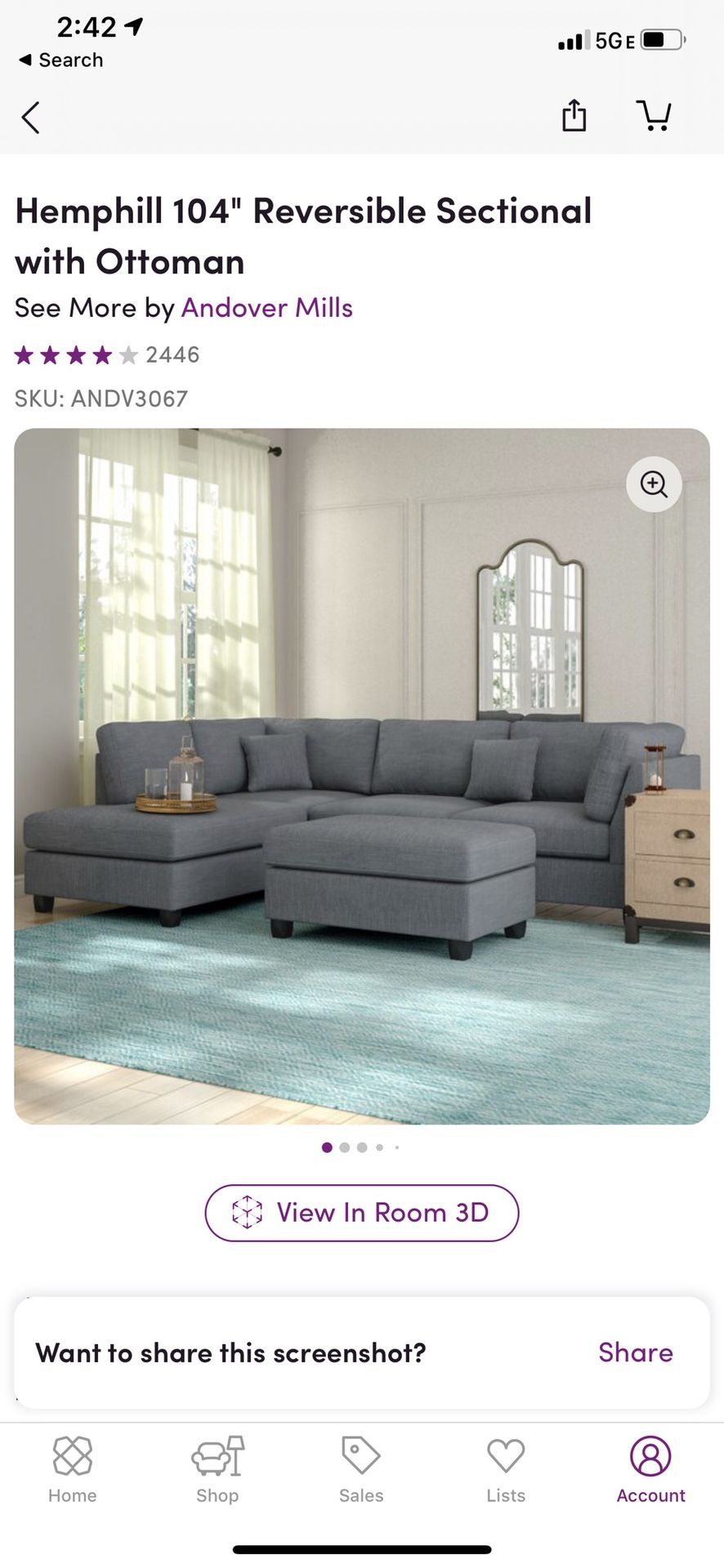 Reversable sectional sofa with ottoman