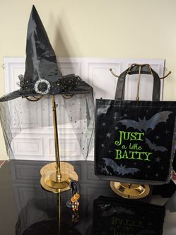 Halloween Black Witch Hat, Earrings & Trick & Treats Bag