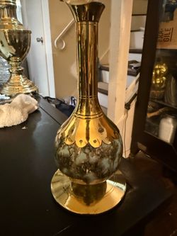 Vintage Brass & Painted Glass Decorative Vase / Decanter