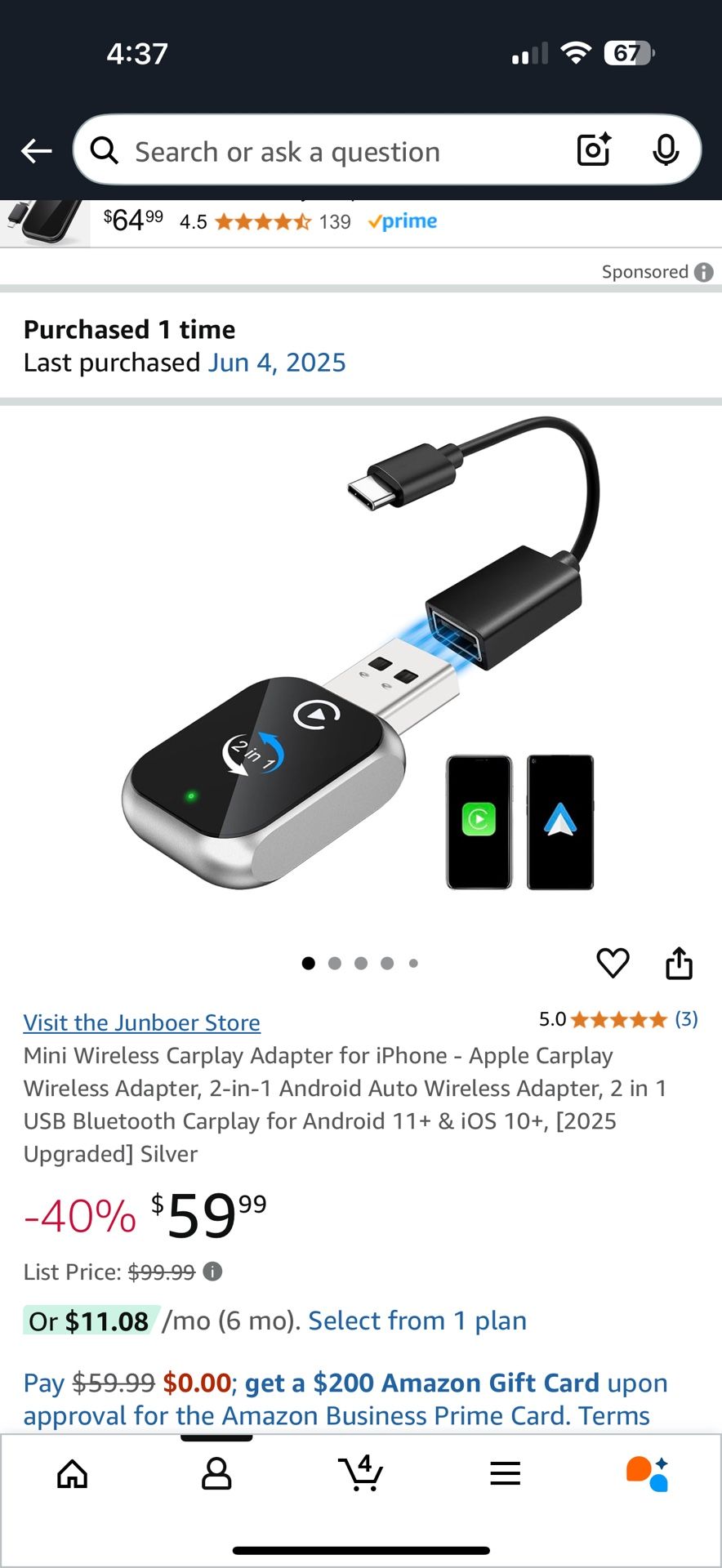 Mini Wireless Carplay Adapter for iPhone - Apple Carplay Wireless Adapter, 2-in-1 Android Auto