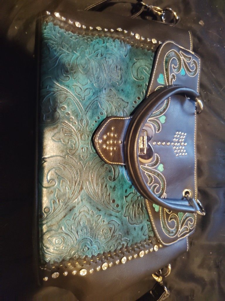 American Bling Western Purse – Turquoise & Black Embossed Leather with Rhinestones 