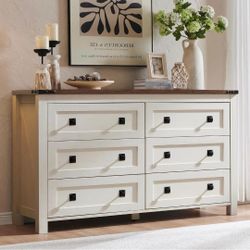 54" Wide Farmhouse 6-Drawer Dresser for Bedroom, Antique White
Rustic, Wood Storage Cabinet, Metal Handle, Unique Corner Accent, Bedroom, Living Room,