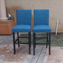 Set of 2 New Crispin Bar Height Stools Marine Blue Nailhead Trim