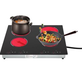 4 Burners Electric Ceramic Cooktop, 110V 900W+600W+900W+600W Portable Electric Built-in Cooktop, Electric Cooktop W/LED Display Screen, Timer, Automat