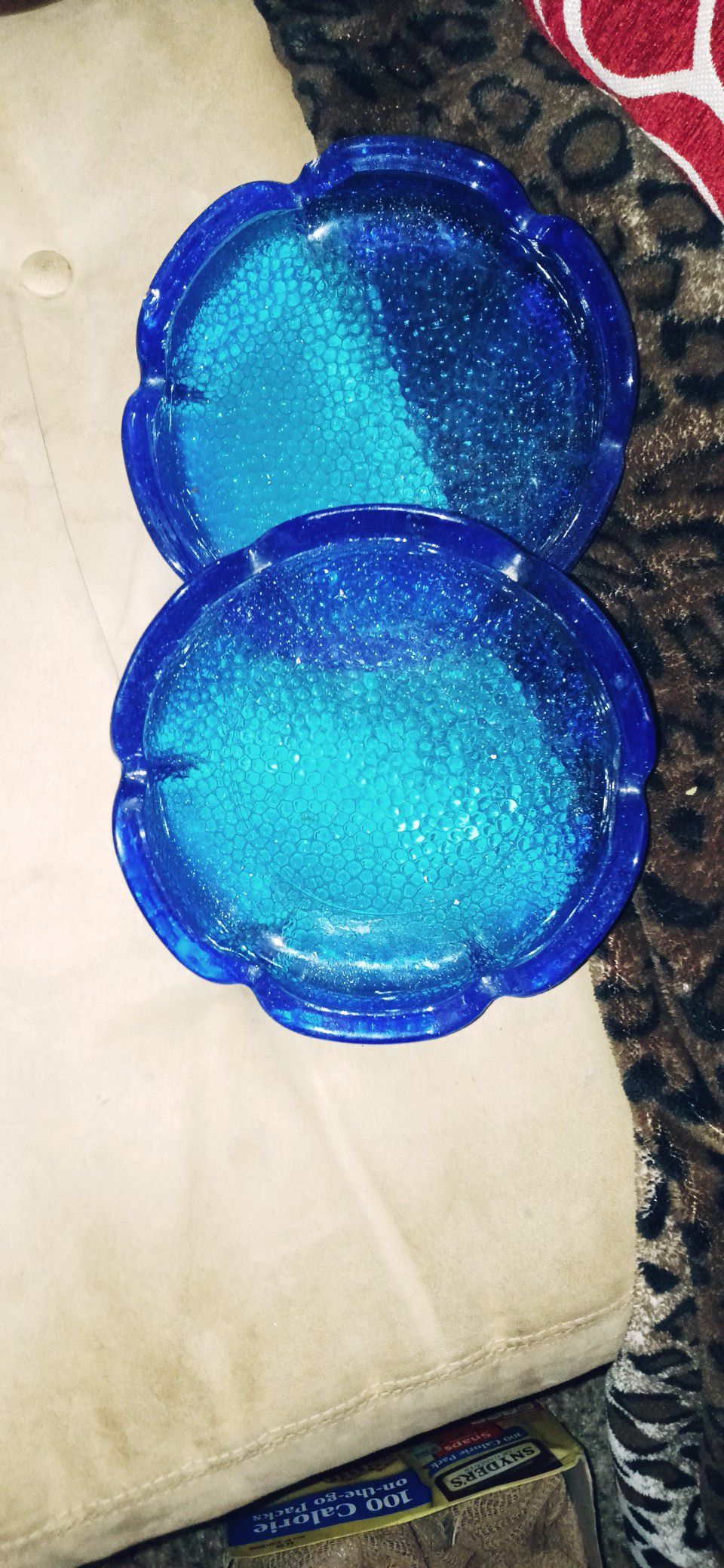 Vintage Hocking sapphire blue glass ashtrays and Princess House small plates three total