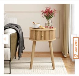 Natural Single Round Fluted Nightstand with Sliding Storage Drawer, Mid- Century Side End Table Live Chat
