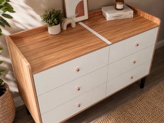 LYNSOM 6 Drawer Dresser White & Oak Modern Wood Chest- Slightly cracked - bonded