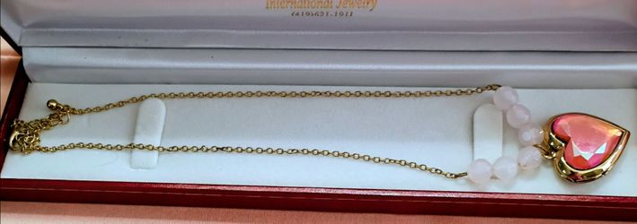Gold-Tone Heart Pendant Necklace with Rose Beads