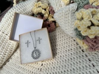 Silver virgen necklace and cross earrings