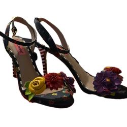 Betsey Johnson Black Multicolor Floral Strappy Ankle Strap Stiletto Heels 8.5