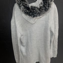 Gray knit cardigan w/ faux fur hood
