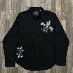 Y2k 2000s RARE GUESS Black/White Embroidered Affliction Type Button Up LongSleeve