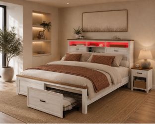 Queen Bed Frame farmhouse with Storage Headboard, 4 Drawers, , Rustic White L-17