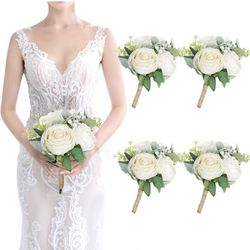 Bridesmaid Bouquets - Set of 4 Ivory White Artificial