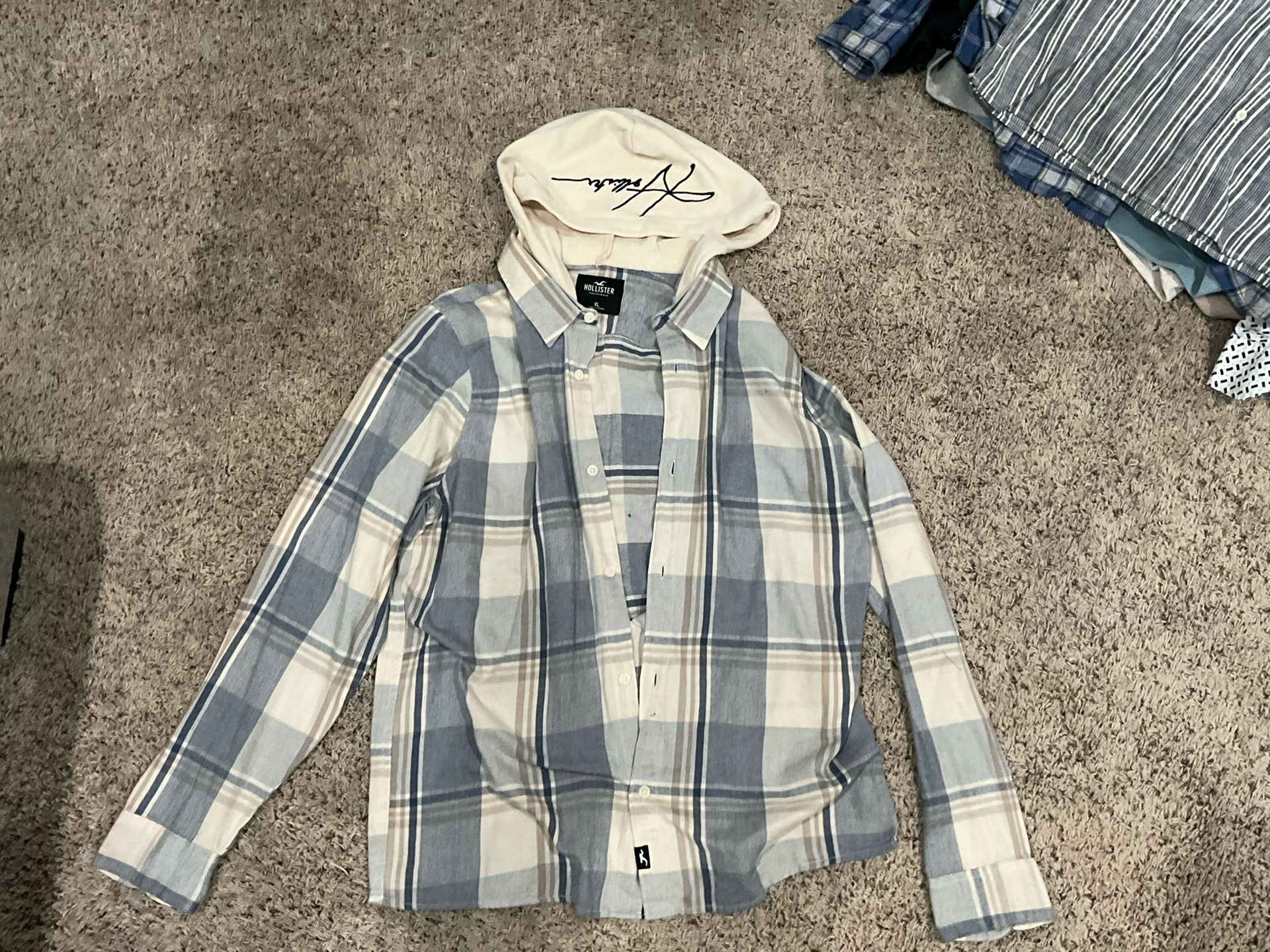 🏄♂️ Hollister NEW !! Hoodie Flannel Shirt - Blue Plaid - Size XL $20