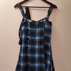 Vintage Plaid Print Mini Dress Lace Up Dress O Ring Half Zipper Strap Sleeveless