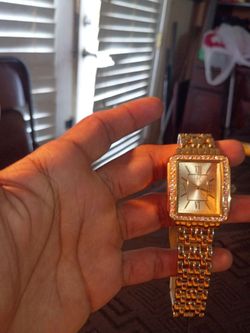 Gold-Tone Square Watch with Crystal Bezel