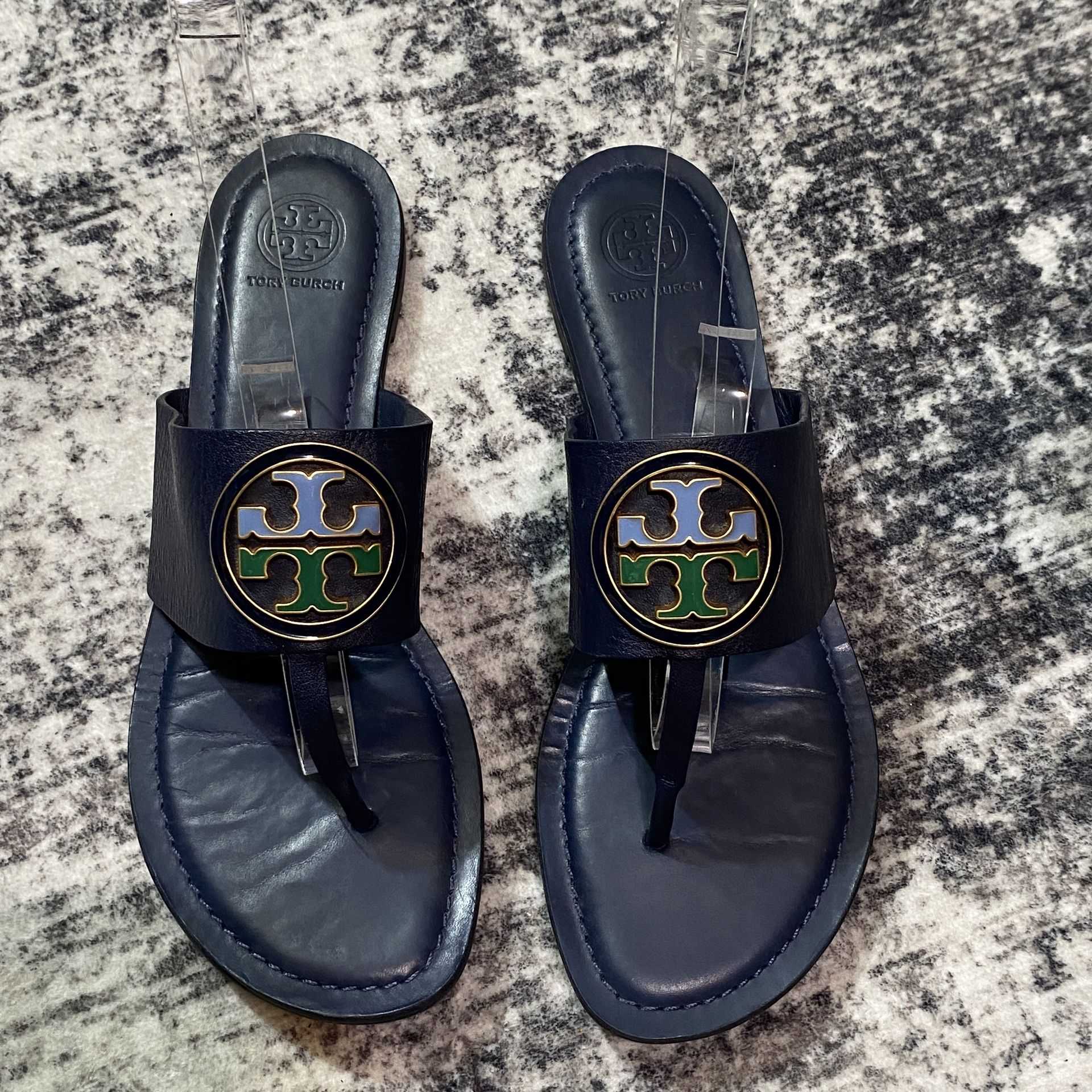 Tory Burch Benton Band Flat Sandals Calf Leather Royal Navy Size 9.5M