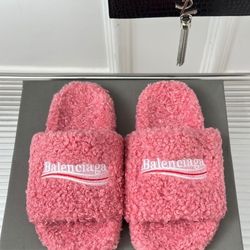 Balenciaga Shearling Logo Slides – Pink | Cozy Luxury 🔥