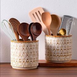 Rustic Farmhouse Ceramic Utensil Crock