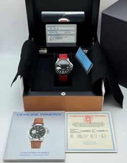 2005 Panerai Luminor GMT 40mm Automatic Stainless Steel Black Dial Red Strap Watch PAM00159 Box Card Booklet FULL SET