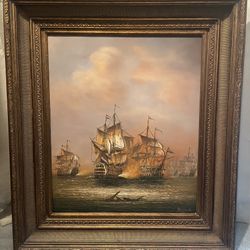 29” X 33” Nautical Sailing Ship Oil Painting
