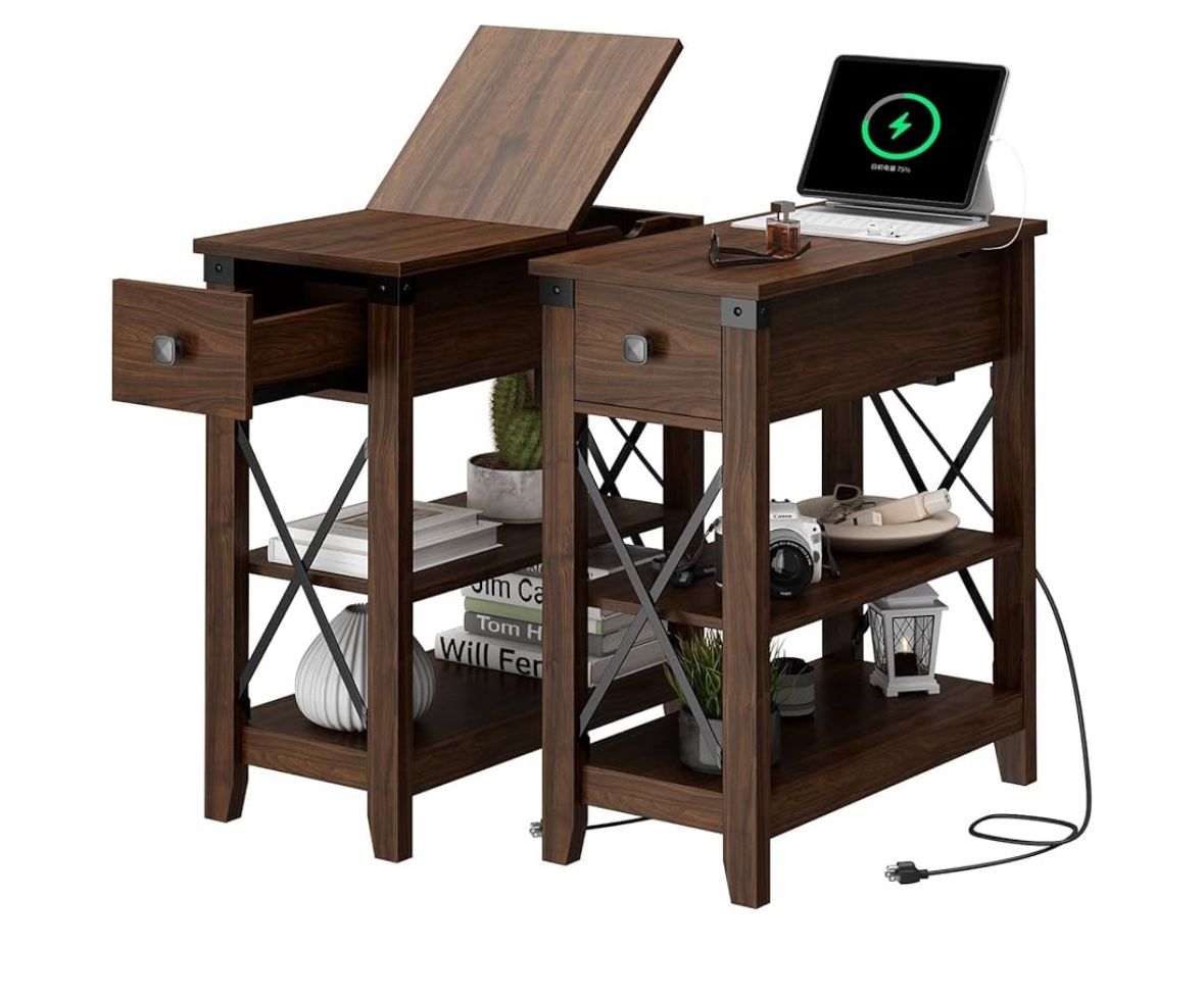 Narrow End Table with Charging Station - Farmhouse Slim Side Table Set of 2, w/USB Ports Power Outlets, Nightstand w/Flip Top Storage Drawer, for Smal