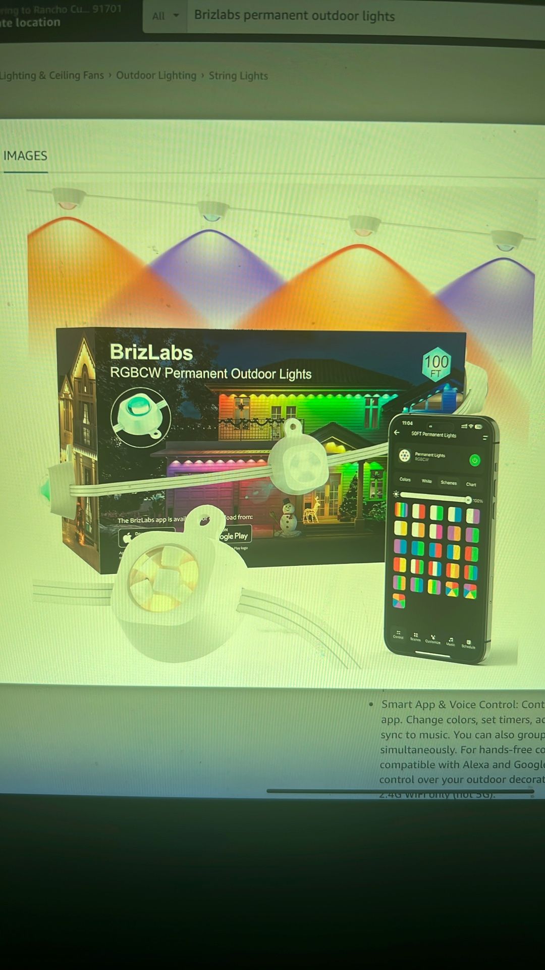 NEW 100ft 60 LED RGBCW Smart Outdoor Lights. W/200+ Custom Scene-Color Effects, Waterproof Eave Light for Christmas, Halloween, Alexa, Google Assistan