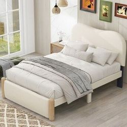 NEW Beige Twin Upholstered Platform Bed with Wood Supporting Feet Beige