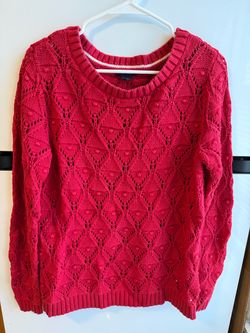 Tommy Hilfiger Women’s Red Open-Knit Crew Neck Cotton Logo Pullover L/G