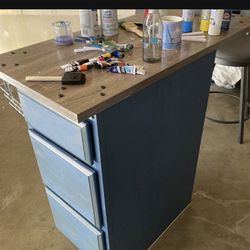 Denim Blue Cabinets With Drawers Grey Top, Comes With Metal Hanging Baskets, Like New IKEA Shelves One Is Still In Box, Metal And Wood Organizer Stand