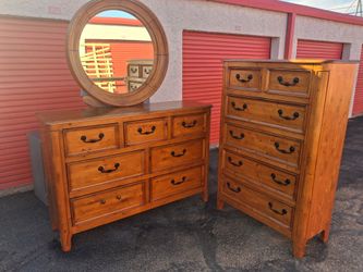 Wood Dresser with Mirror and Tall Chest Set