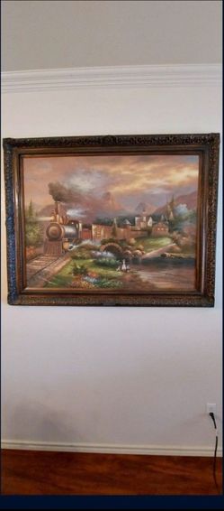 Large Framed Steam Train Landscape Oil Painting