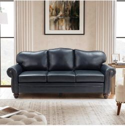 AA416-81" Genuine Leather Sofa, Classic 3-Seater Couchs with Wood Legs, Stylish & Comfortable Sofa for Living Room or Office, Easy Assembly and Mainta