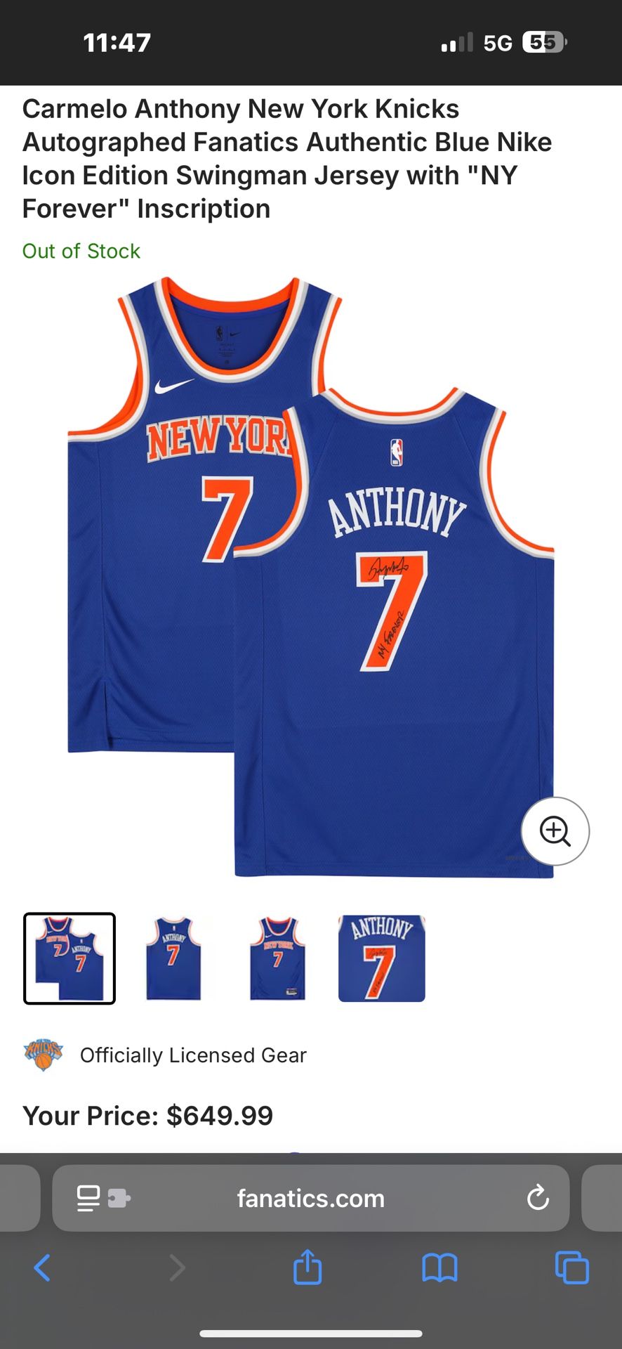 Brand New Carmelo Anthony Signed Jersey From Fanatics .